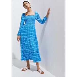 Anthropologie Dolan Blue Smocked Long Sleeve Polka Dot Midi Dress Small Flowy